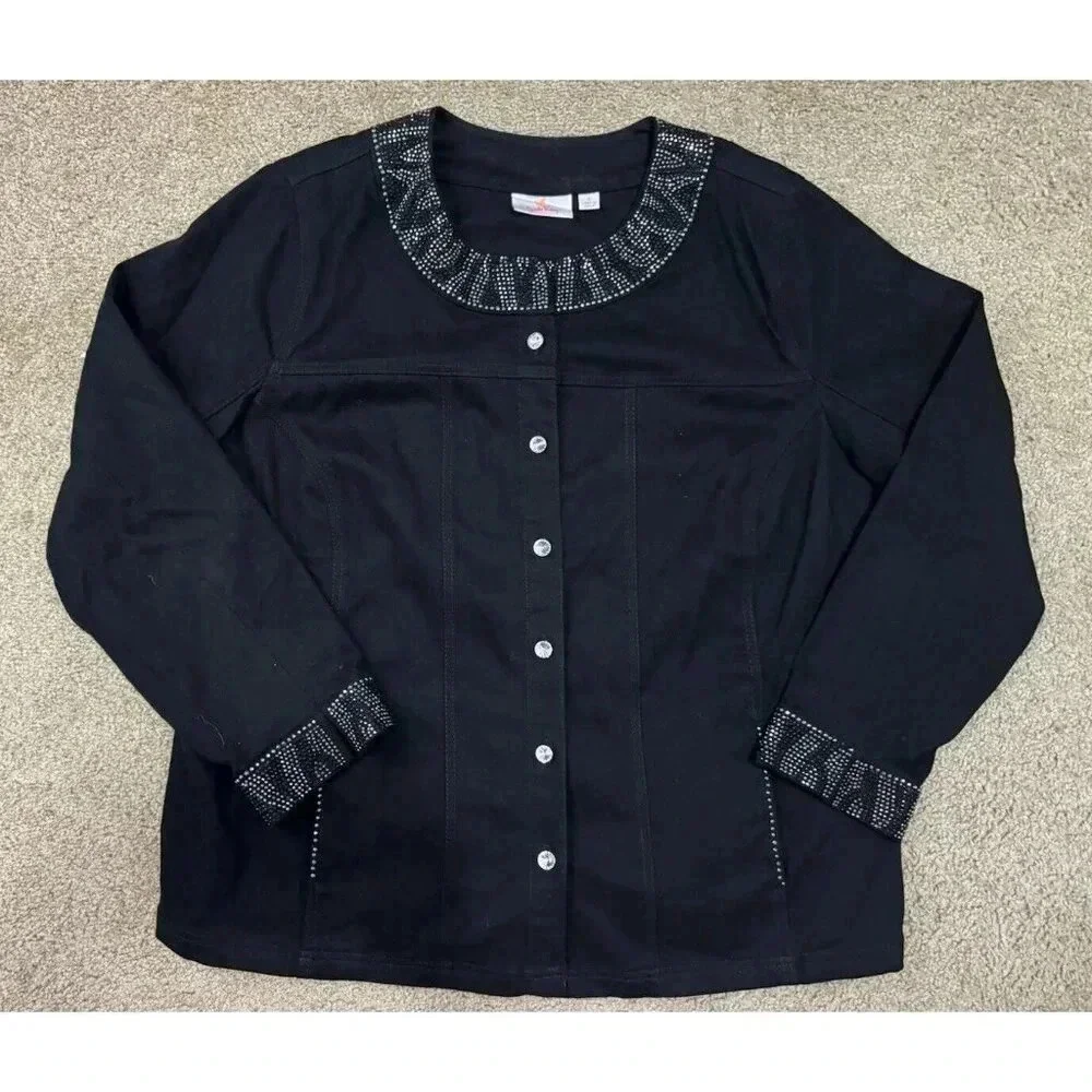 QUACKER FACTORY Black Jacket Rhinestones Button Front SZ 1X Goth Grunge Casual